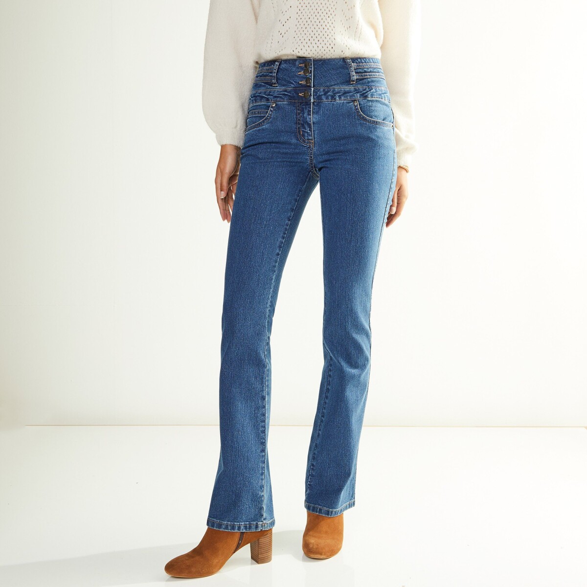 Bootcut džínsy s vysokým pásom, vnútor. dĺžka nohavíc 78 cm modrá 36